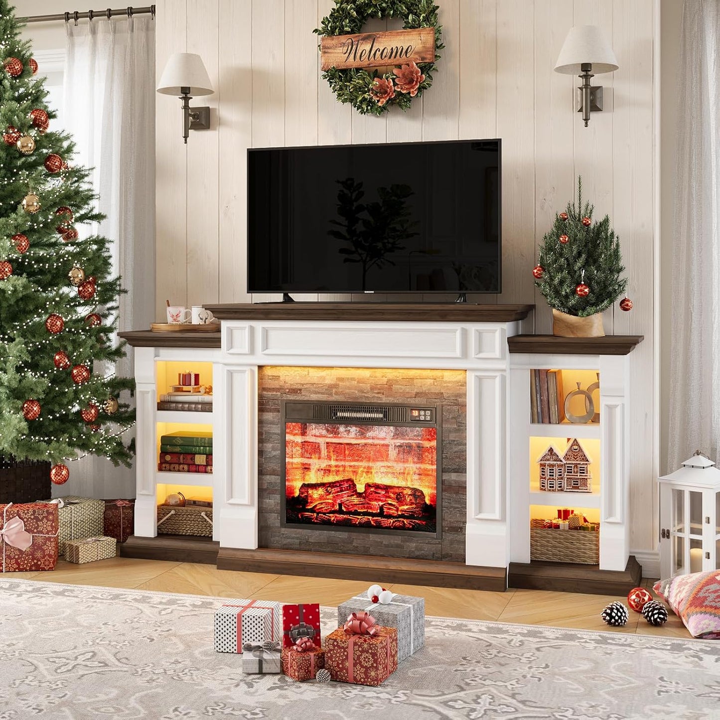 71" Fireplace Mantel TV Stand Entertainment Center for TVs up to 80" with LED Lights