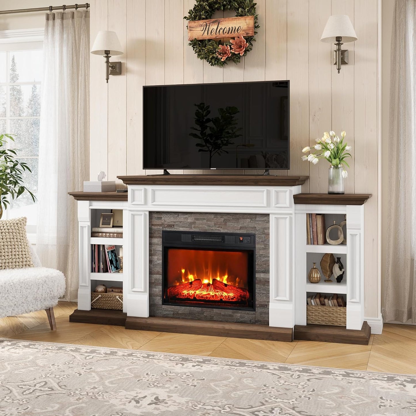 70" Fireplace Mantel TV Stand Entertainment Center for TVs up to 80"