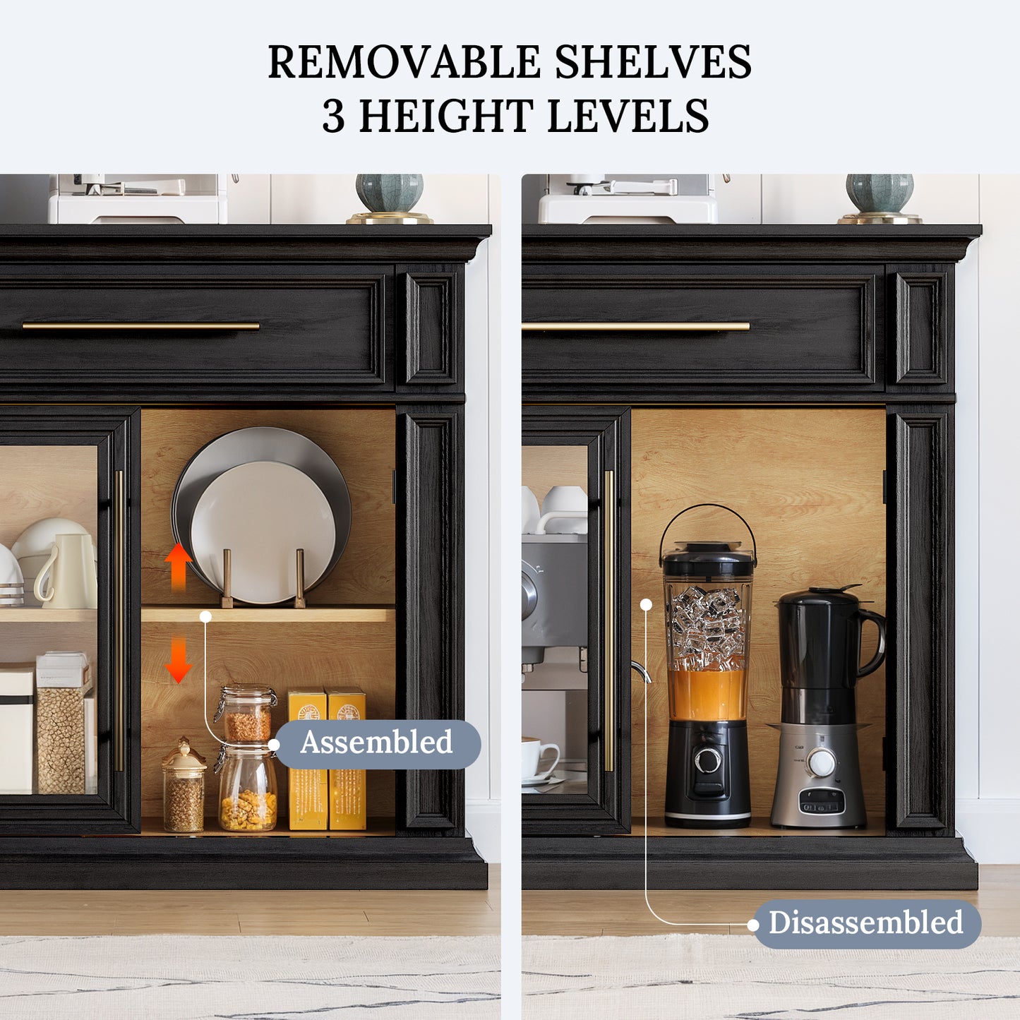 HolliWill 63" Modern Buffet Cabinet with 2 Drawers and 4 Glass Doors, Large Sideboard Coffee Bar Cabinet
