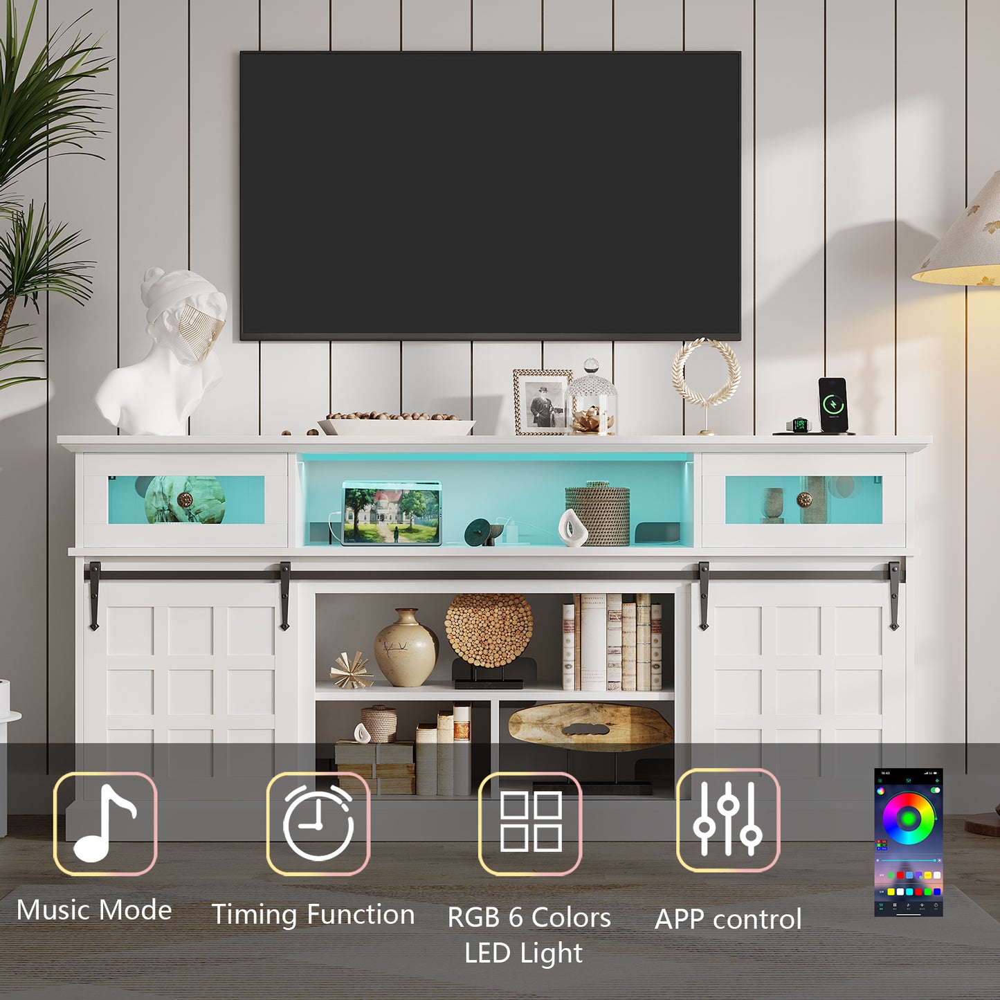 70" TV Stand for TVs up to 80" with Charging Station & LED Lights,White