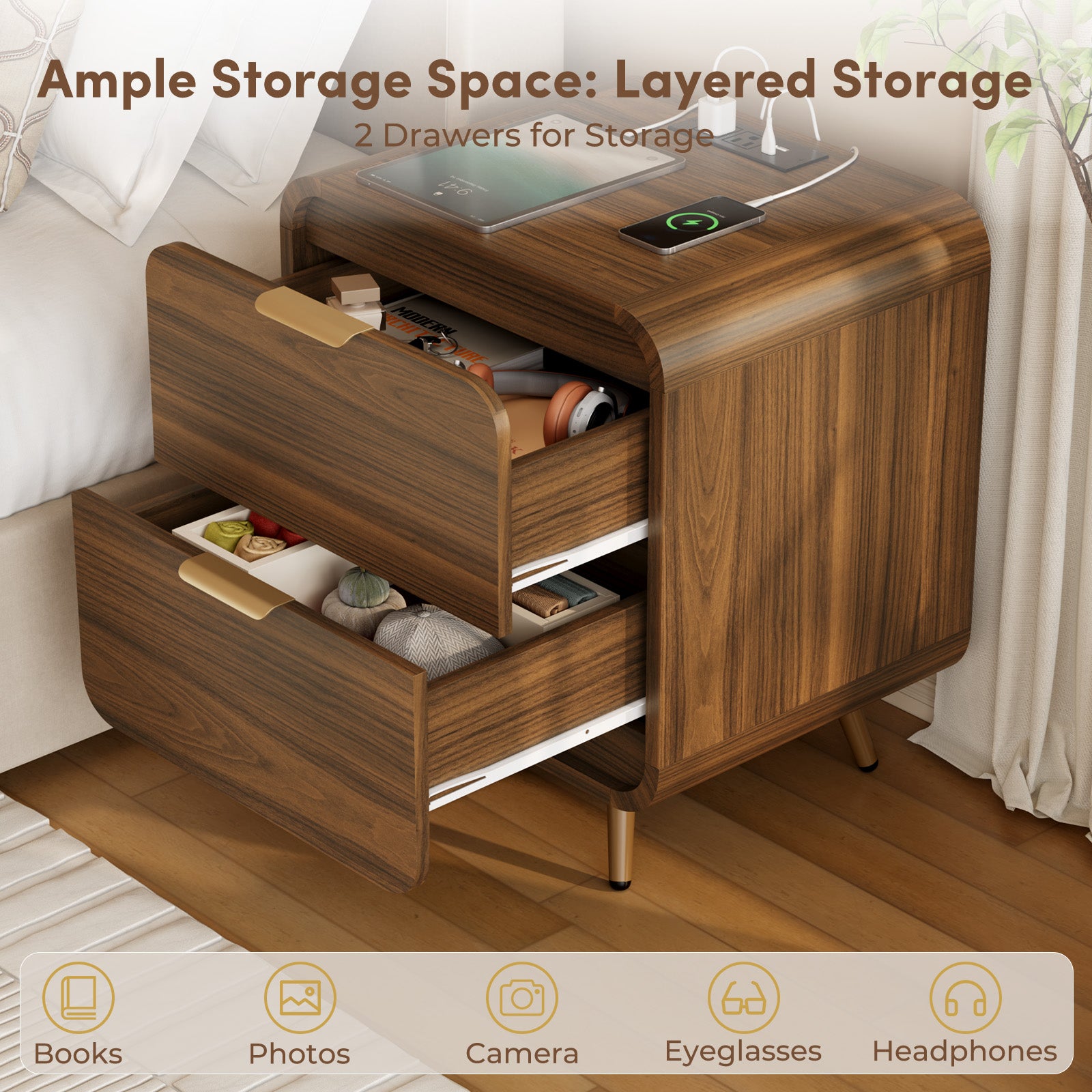 Holliwill Nightstands with Charging Station, Modern Bedside Table End Table with 2 Drawer for Bedroom Living Room
