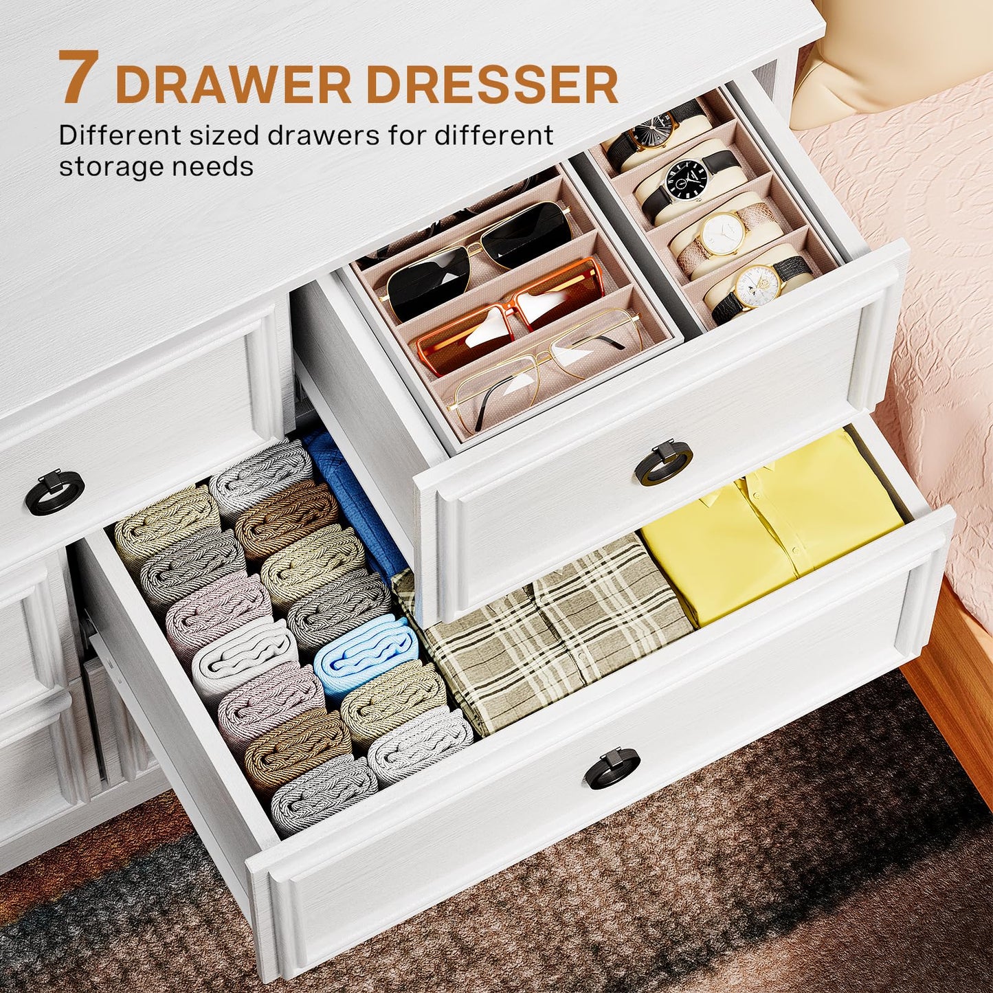 Modern 7 Drawer Dresser Gray Dressers for Bedroom, Wood Dresser with Drawers for Clothes Storage, 47" Long Dresser with Textured Borders Deep Drawer, Chest of Drawers Closet Organizers for Bedroom