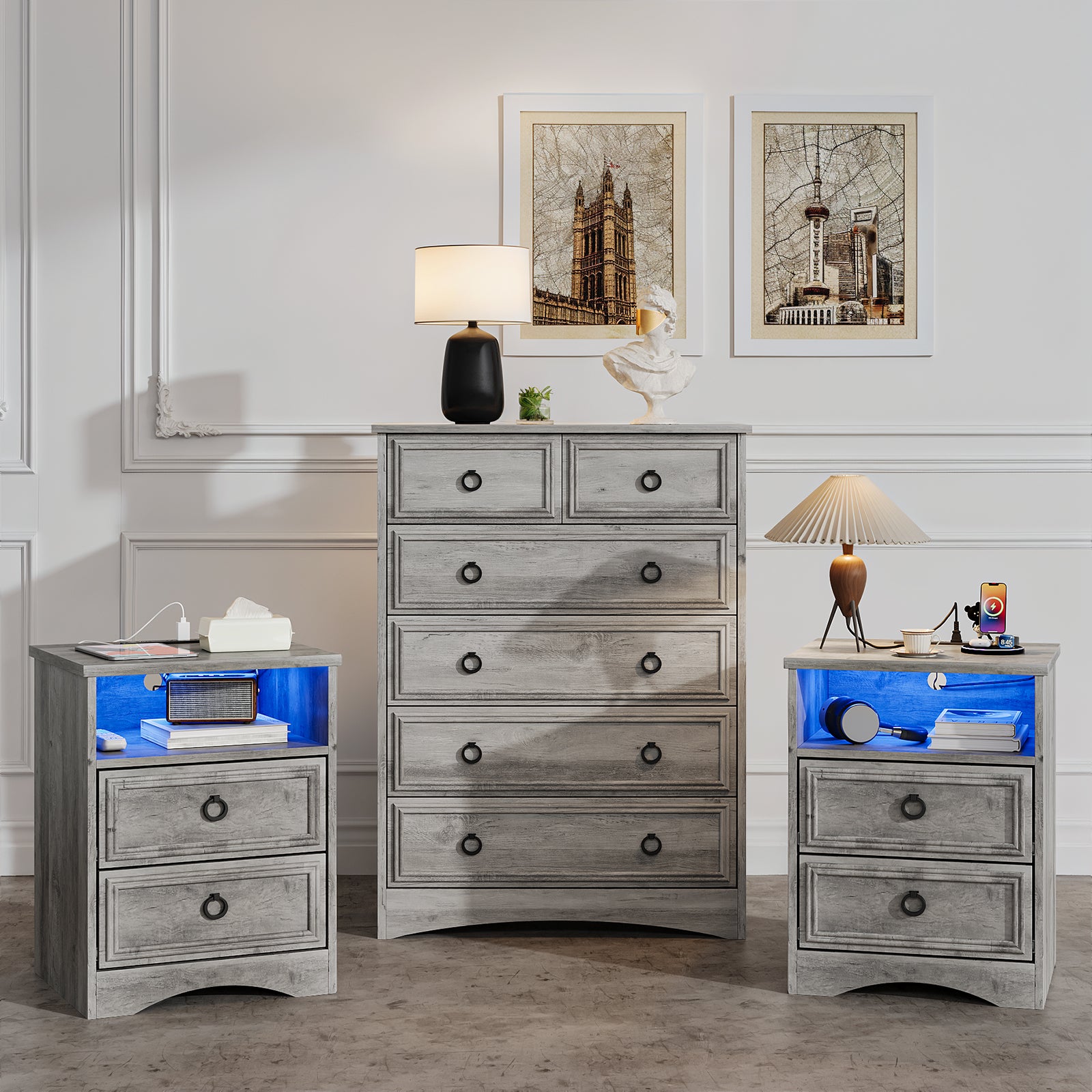Holliwill Farmhouse Bedroom 3 Pieces Set, Tall 6 Drawer Dresser and 2 Drawer Nightstand with LED Lights & Charging Station, Chest of Drawers for Bedroom, Grey