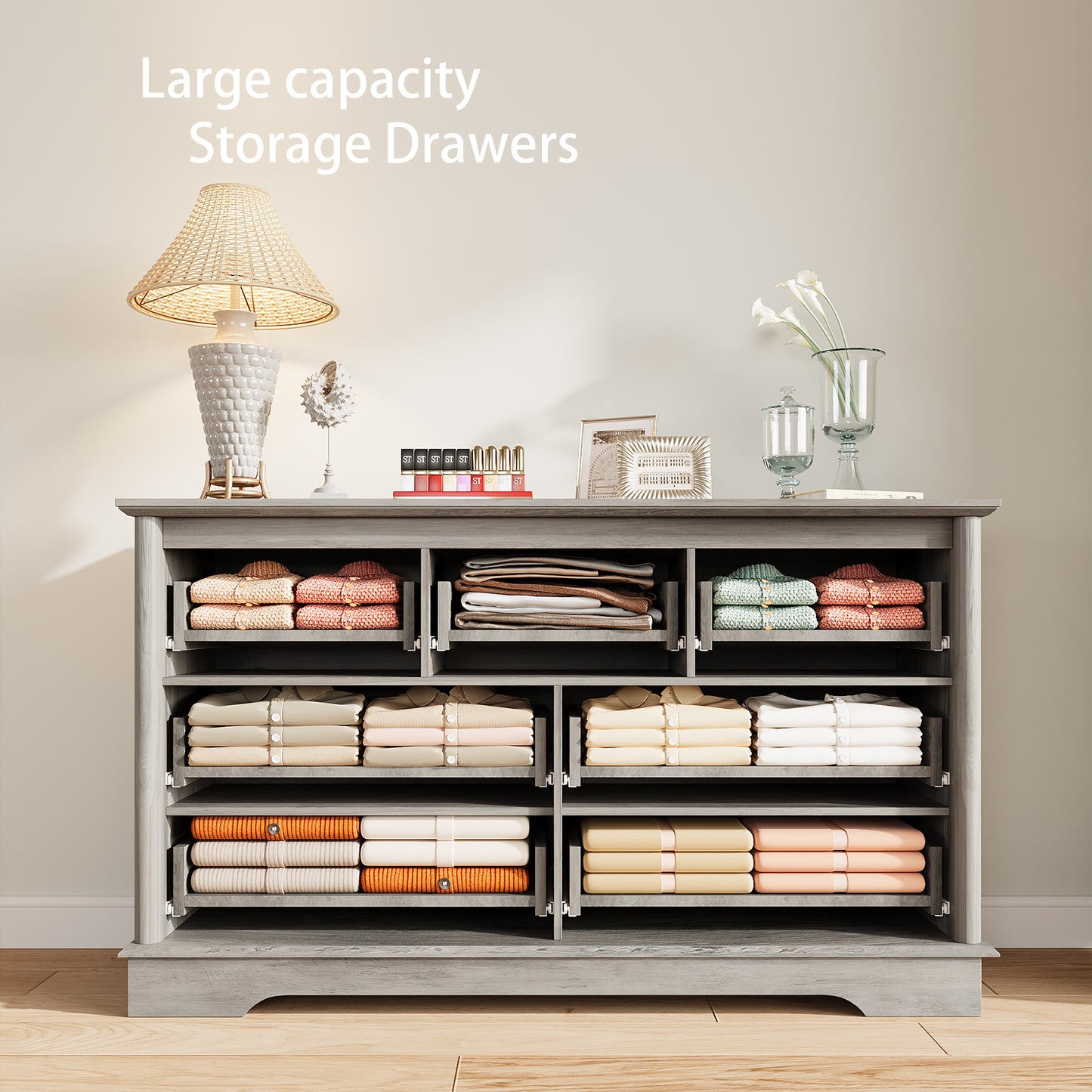 7 Drawers Dresser for Bedroom, Farmhouse Wide Dresser Wood Chest of Drawers, Gray