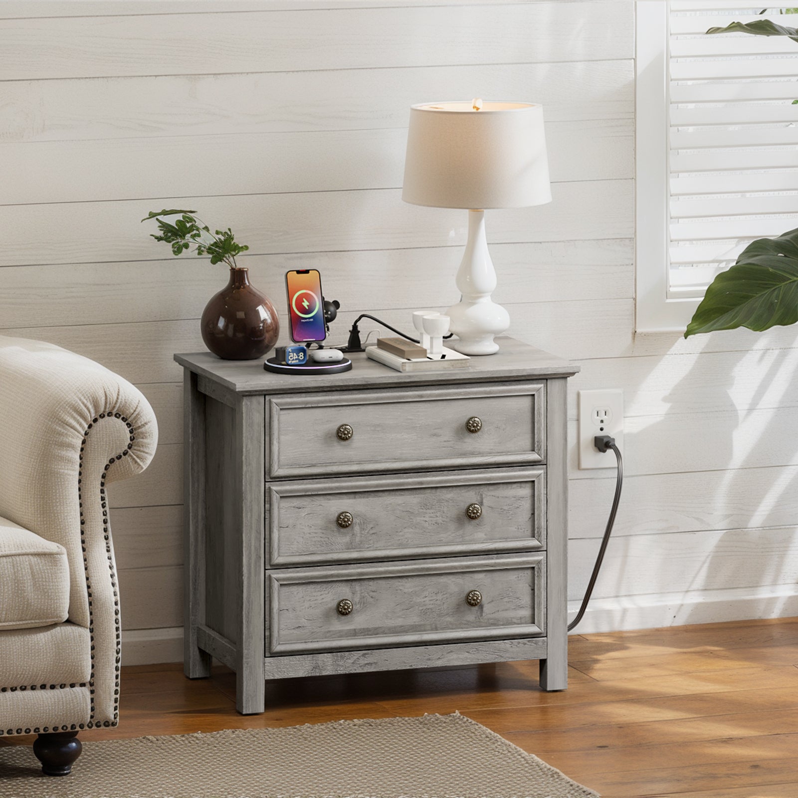 Holliwill 26.7" Wide Nightstand with Charging Station, Farmhouse Nightstands with 3 Drawers, End Table Bedside Table for Bedroom Enrtyway Living Room, Gray