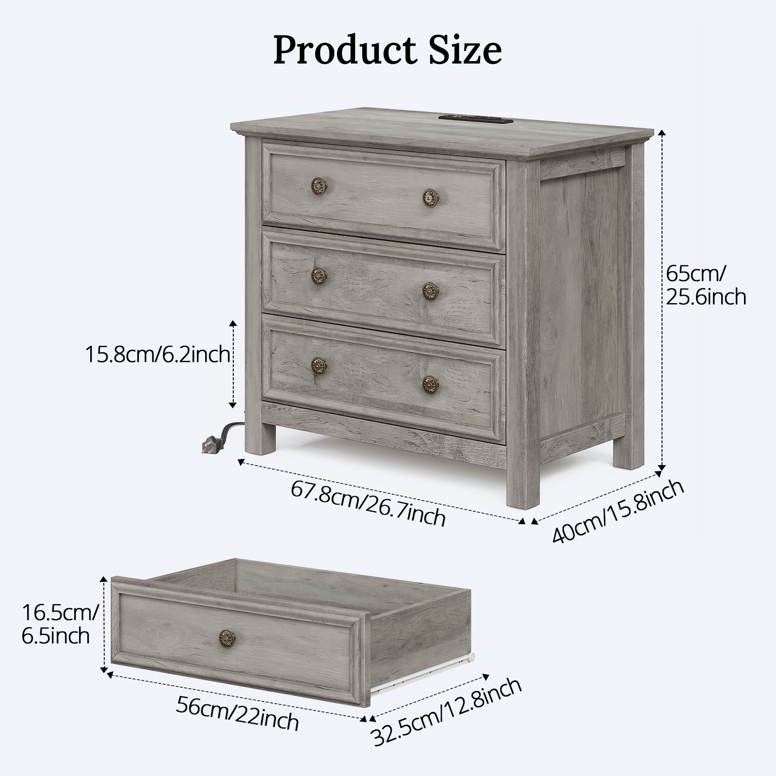 Holliwill 26.7" Wide Nightstand with Charging Station, Farmhouse Nightstands with 3 Drawers, End Table Bedside Table for Bedroom Enrtyway Living Room, Gray