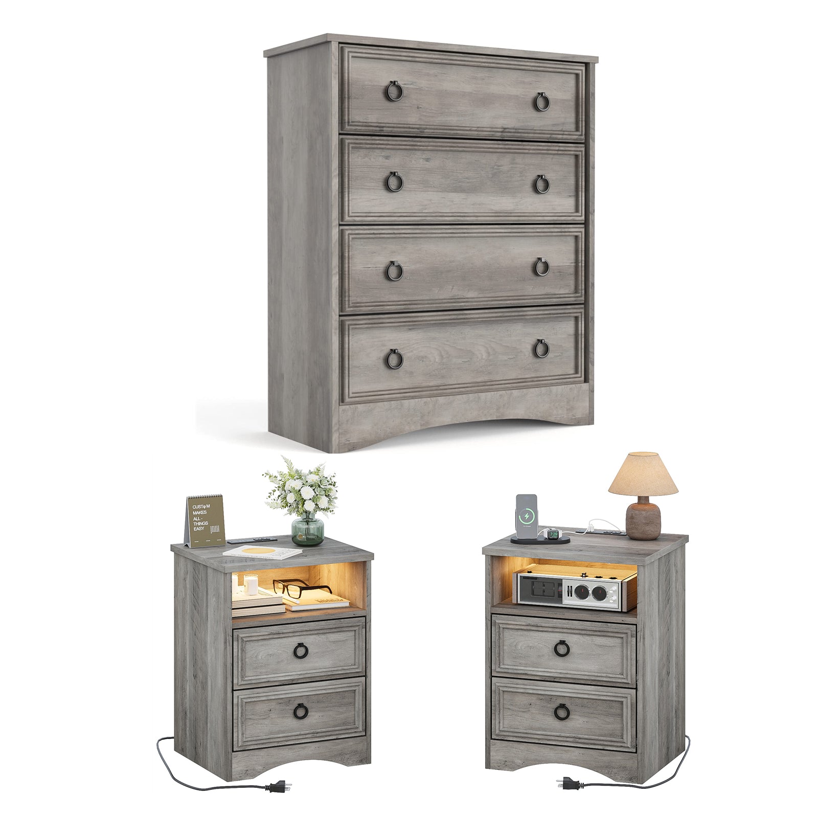 Holliwill Dresser Nightstands Set, 4 Drawers Dresser and 2pcs Bedside Table with Charging Station & LED for Bedroom, Grey