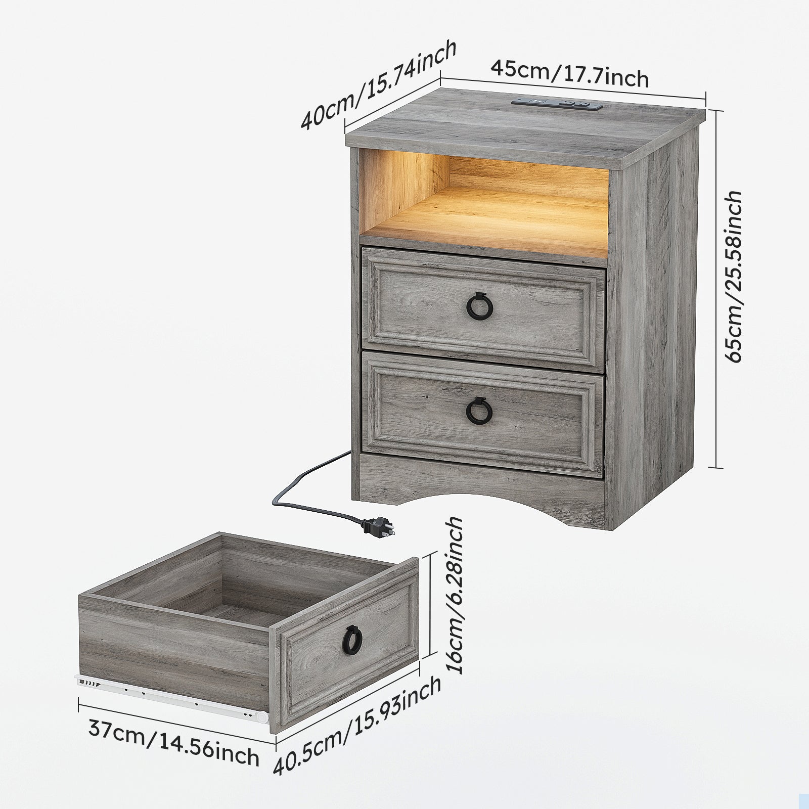 Holliwill Farmhouse Bedroom 3 Pieces Set, Tall 6 Drawer Dresser and 2 Drawer Nightstand with LED Lights & Charging Station, Chest of Drawers for Bedroom, Grey