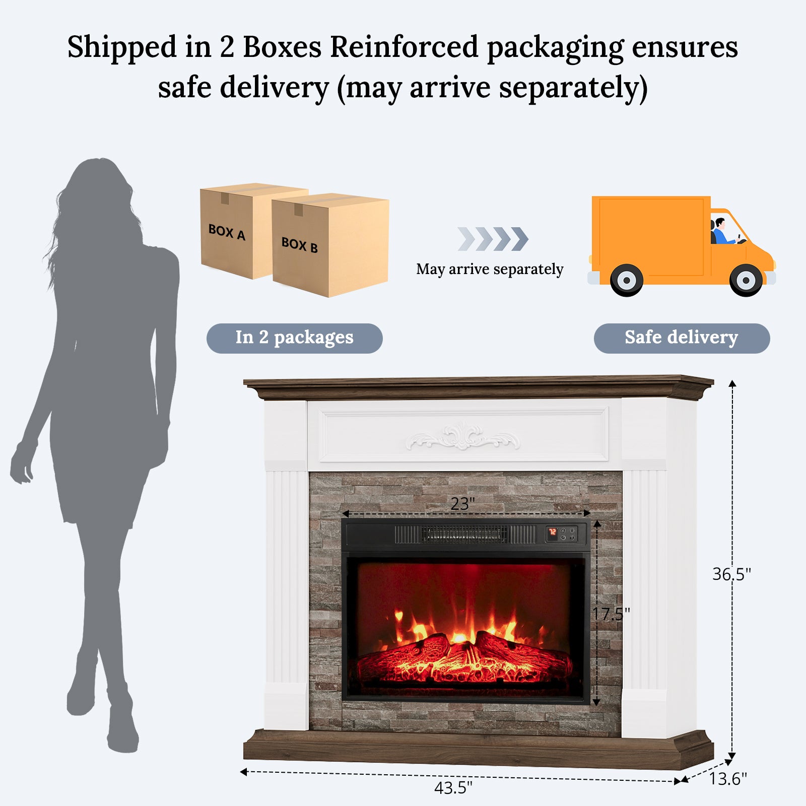 Holliwill Electric Fireplace Mantel, 44" Freestanding Fireplace Heater with Stacked Stone Surround Firebox, Infrared Quartz Heater with Remote Control, 1400W