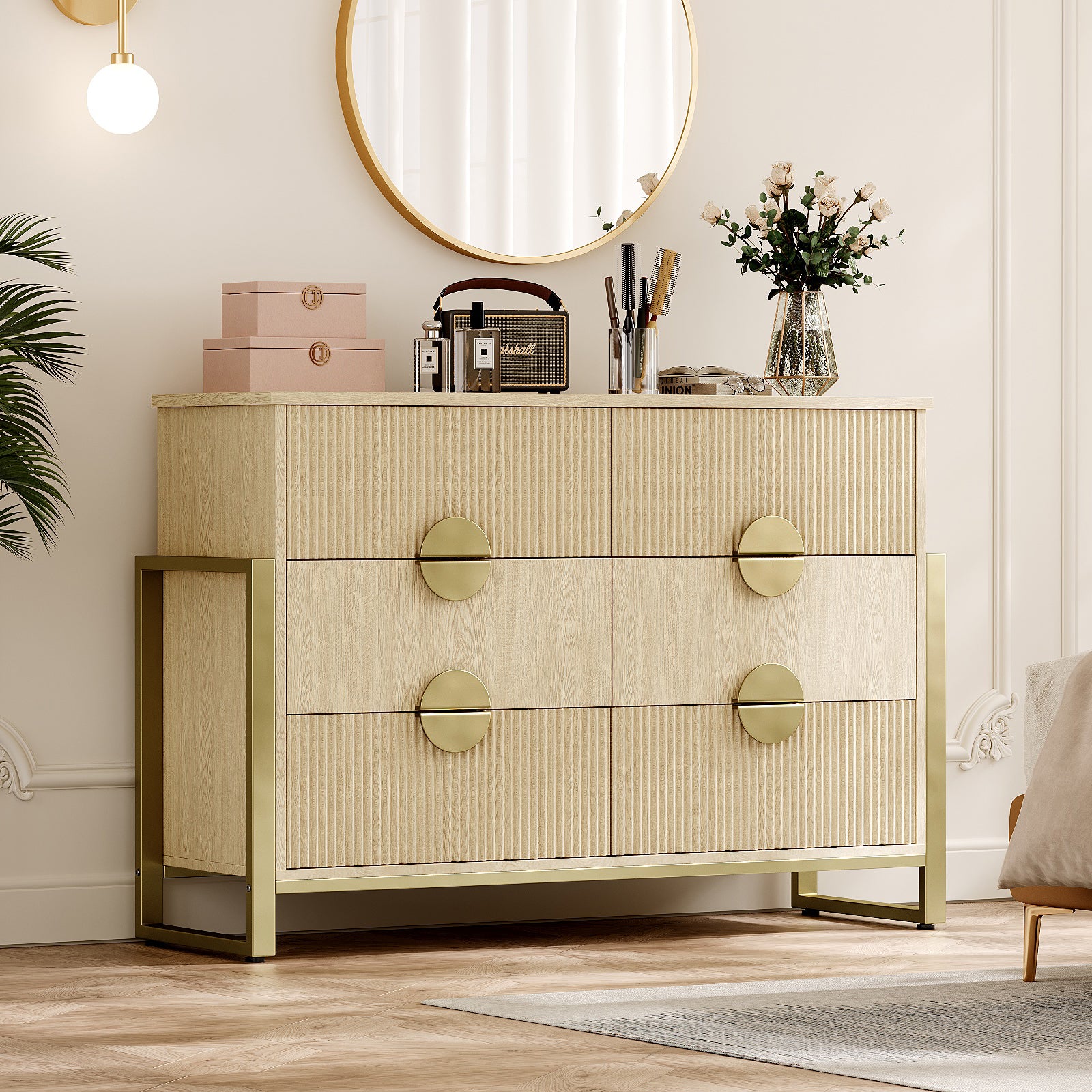 Holliwill 6 Drawer Dresser for Bedroom, Fluted Dresser Chest of Drawers for Living Room, Hallway, Oak
