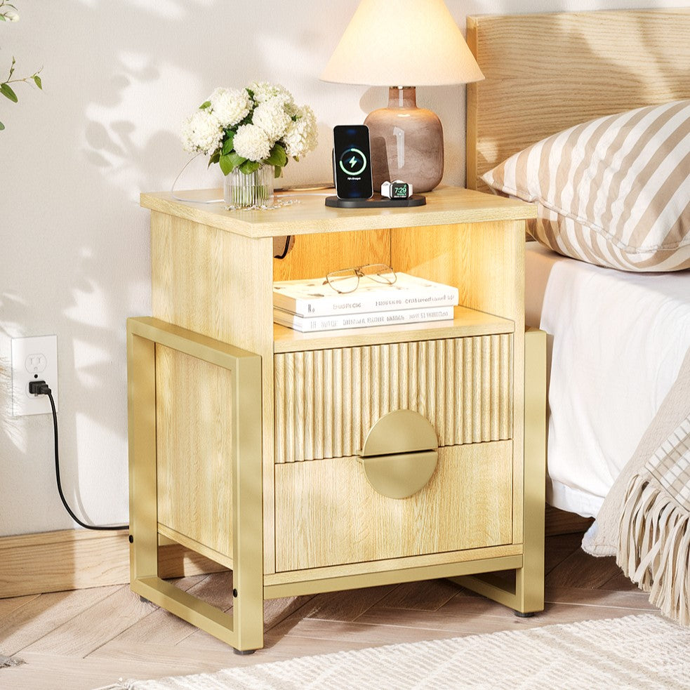 Holliwill Nightstand with Charging Station, 2 Drawer Dresser for Bedroom with LED Light, Fluted Bedside Table End Table Side Table for Living Room