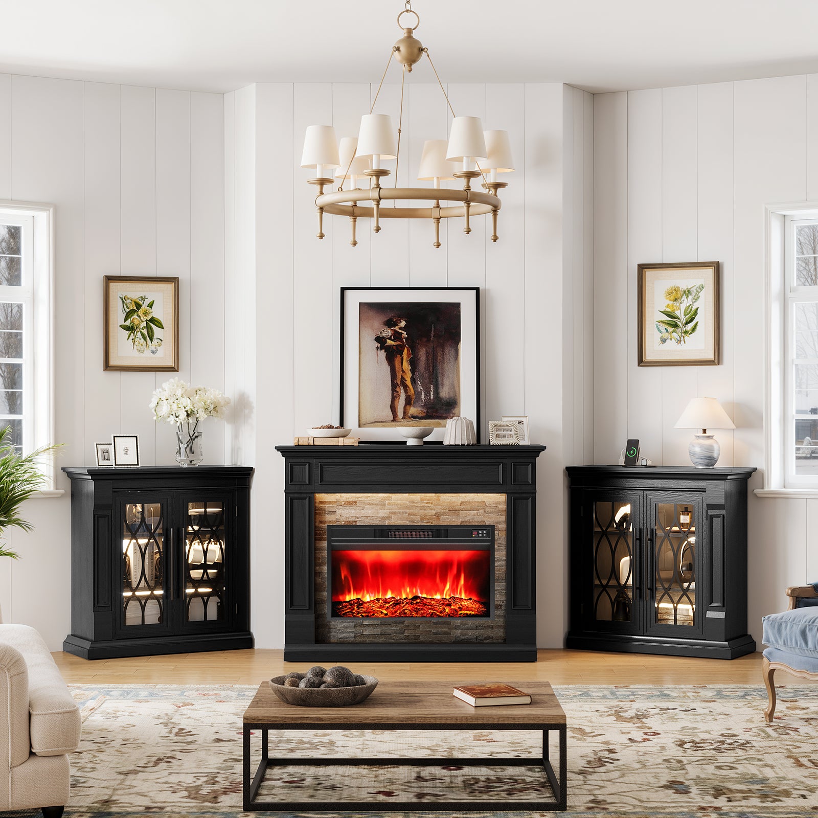 Holliwill 104" TV Stand with 30" Electric Fireplace & LED Lights & Power Outlets, Modern Farmhouse Entertainment Center with Storage Cabinet for Living Room, Large Fireplace with Mantel