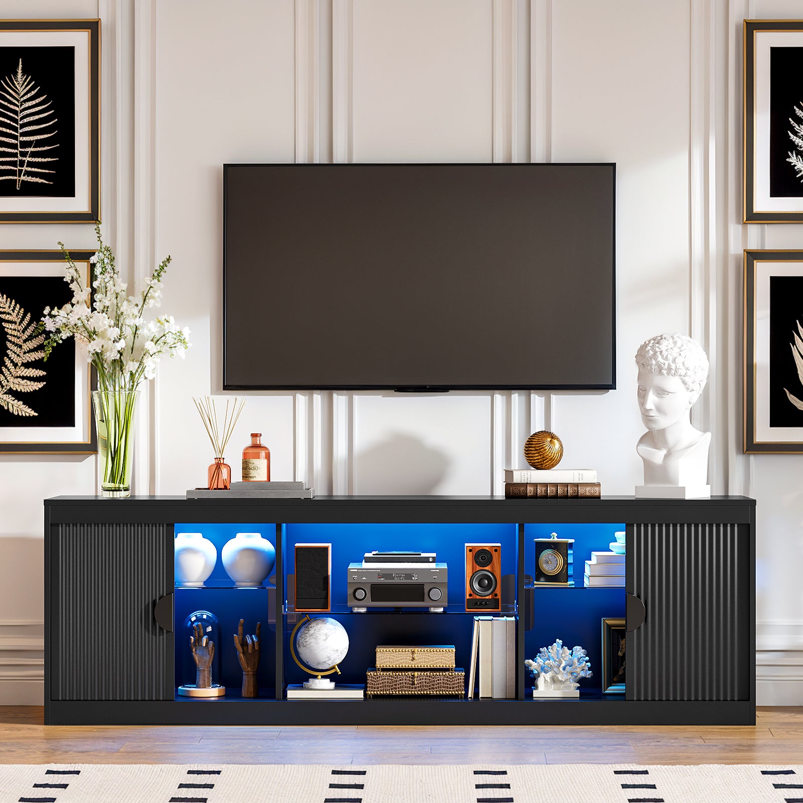 Holliwill 70" TV Stand for TVs up to 80" with LED Lights, Fluted Modern Entertainment Center TV Console with Door for Living Room, Black