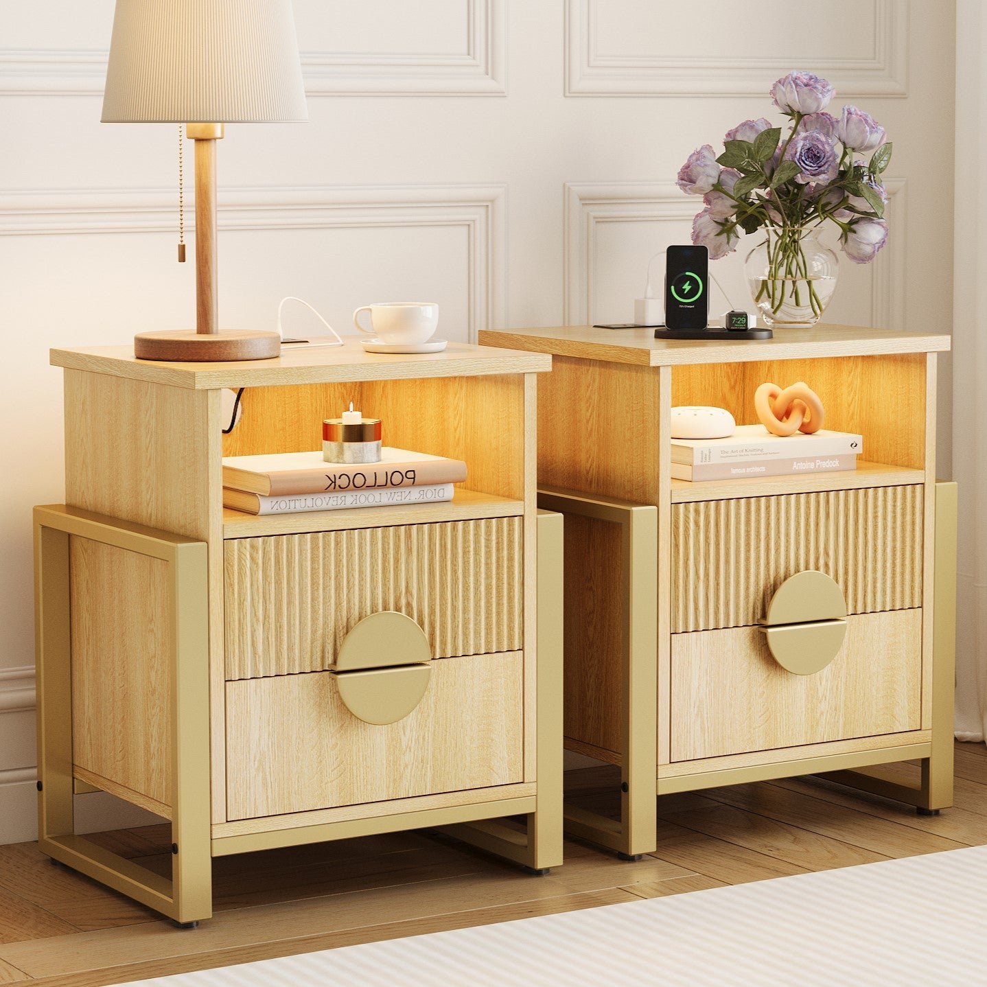 Holliwill Nightstand with Charging Station Set of 2, 2 Drawer Dresser for Bedroom with LED Light, Fluted Bedside Table End Table Side Table for Living Room