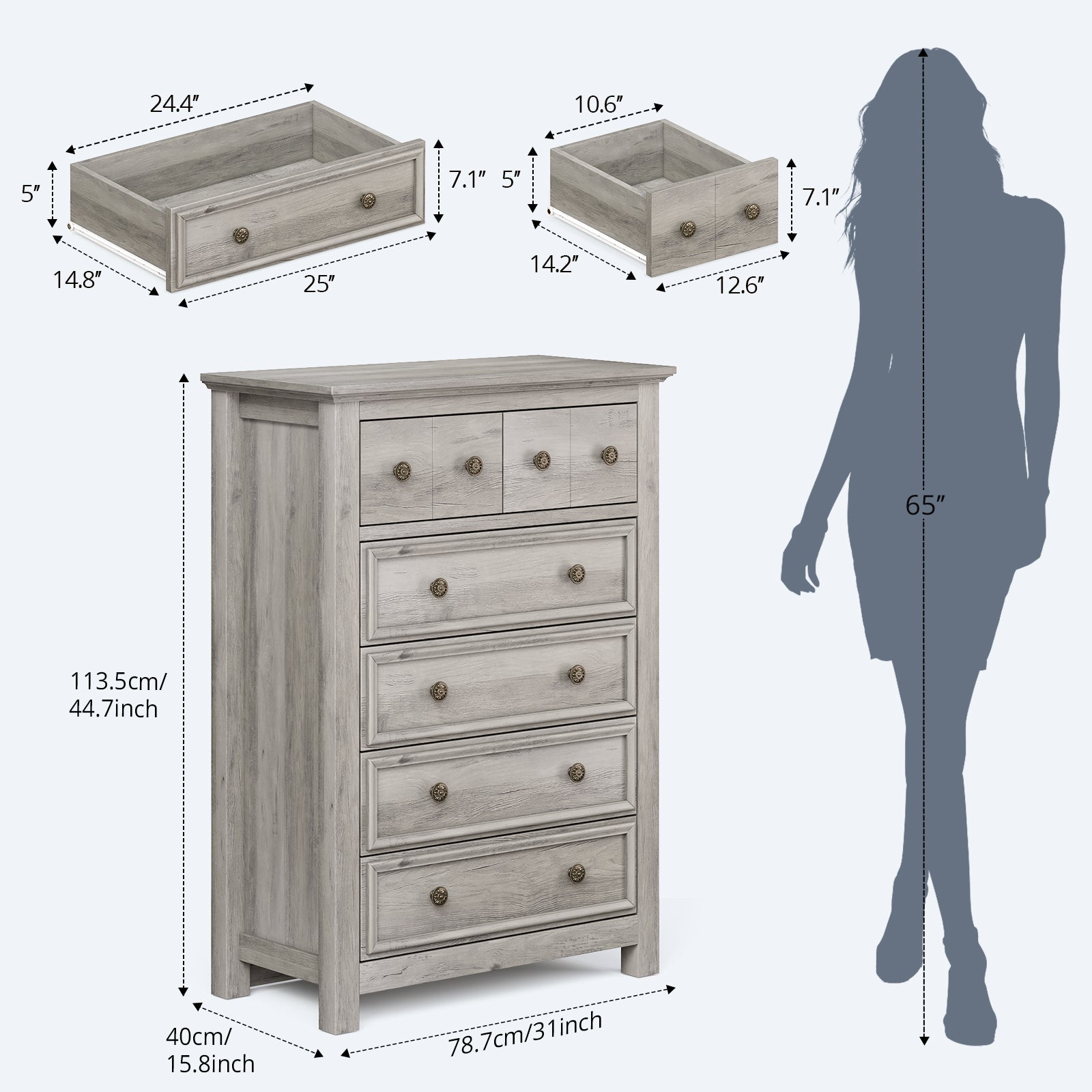 Holliwill Farmhouse 4 Pieces Bedroom Furniture Set, Wide 8 Drawer Dresser, Tall 6 Drawer Dresser and 2 Drawer Nightstand with Open Shelf & Charging Station, Grey