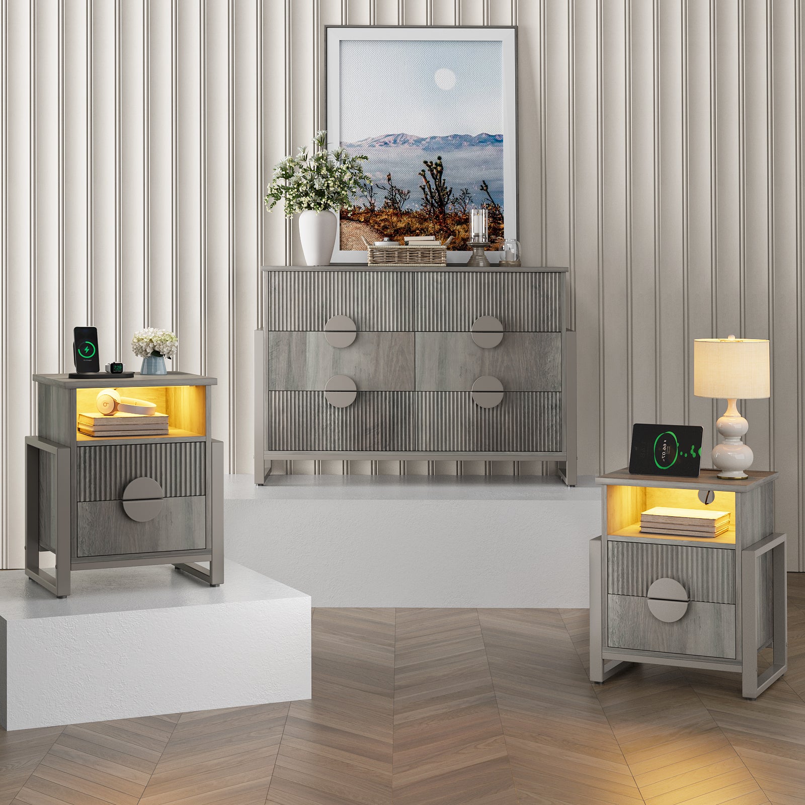 Holliwill 3-Piece Dresser Nightstand Set, Modern Bedroom Furniture Set, Wide 6 Drawer Dresser & 2 Drawer Nightstands with Outlets LED Lights, Fluted Wood Chest of Drawers for Bedroom