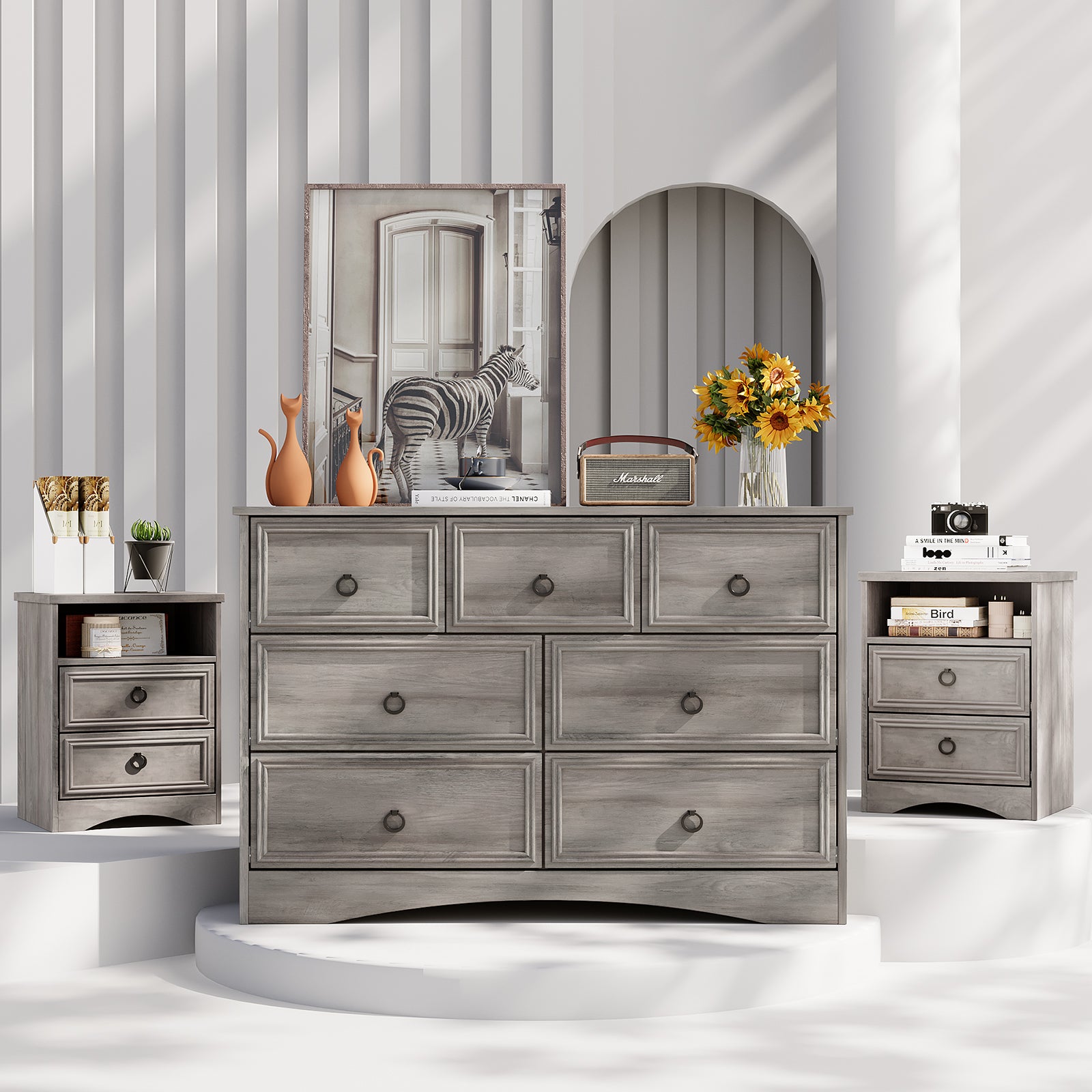 Holliwill Dresser Nightstands Set, 3 Pieces Bedroom Furniture Set, Wide 7 Drawer Dresser and 2 Drawer Nightstand, Grey
