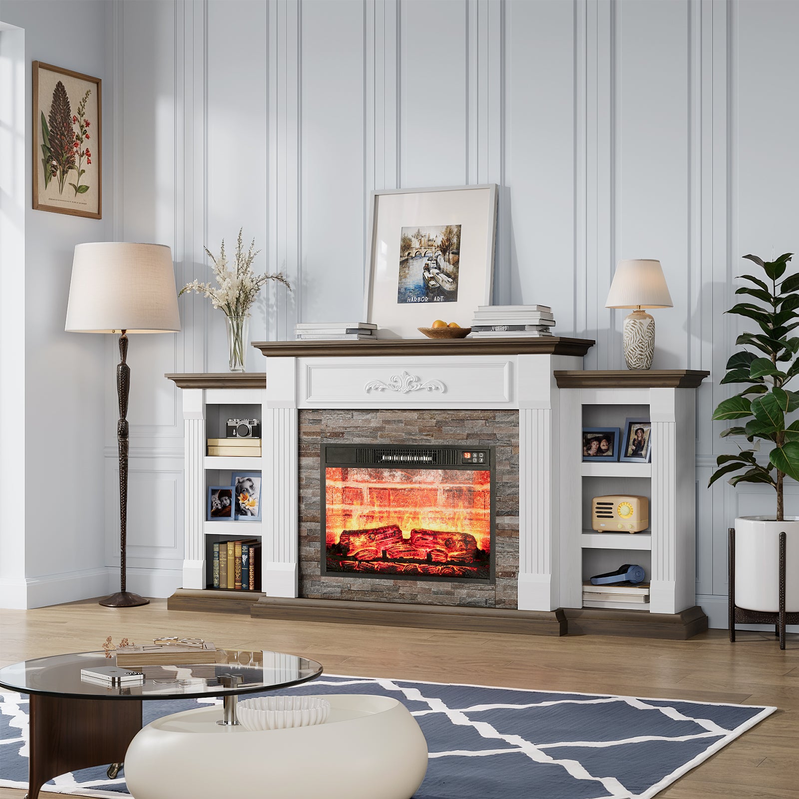 Holliwill 72" Electric Fireplace with Mantel, Farmhouse TV Stand for TVs up to 80", Entertainment Center with 23" Fireplace Insert Heater for Living Room, Bedroom
