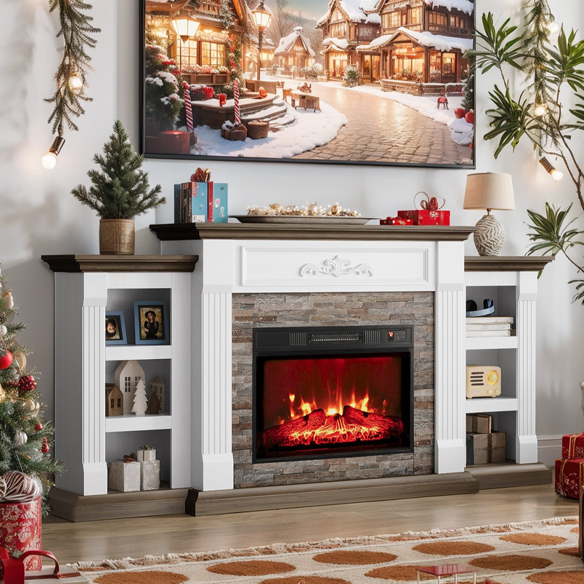 Holliwill 72" Electric Fireplace with Mantel, Farmhouse TV Stand for TVs up to 80", Entertainment Center with 23" Fireplace Insert Heater for Living Room, Bedroom
