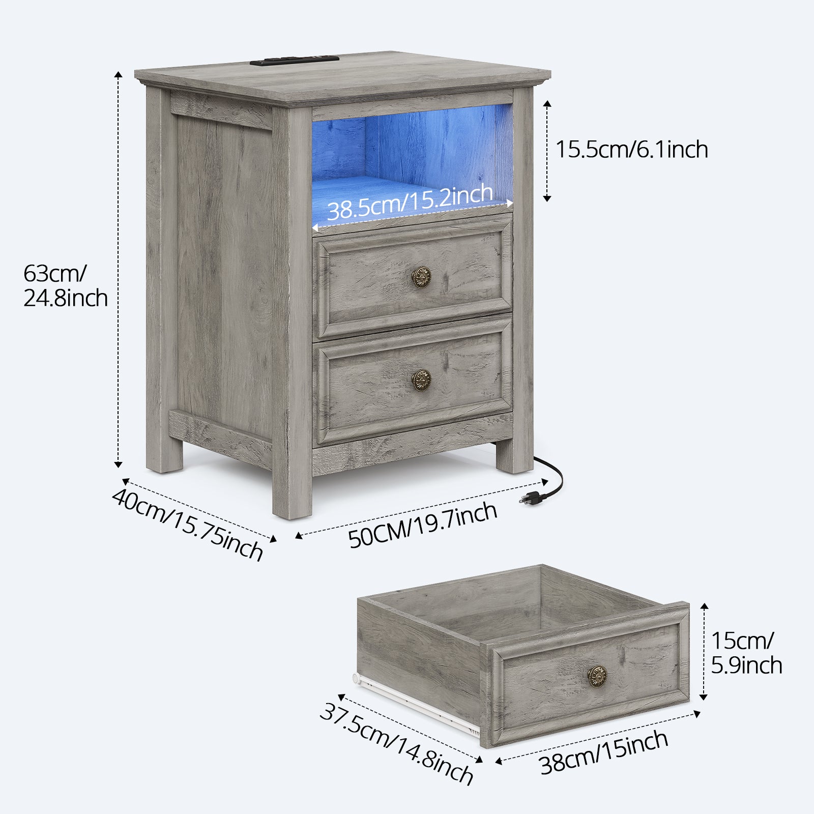 Holliwill 25" Tall Nightstand with Charging Station & LED Lights, Farmhouse Nightstands with 2 Drawers and Open Storage, End Table Bedside Table for Bedroom Living Room, Gray